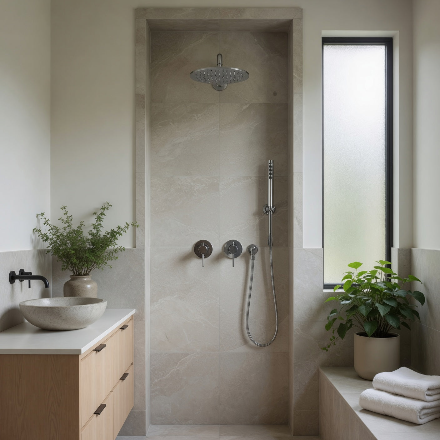 Colonne de douche encastrée dans une salle de bain