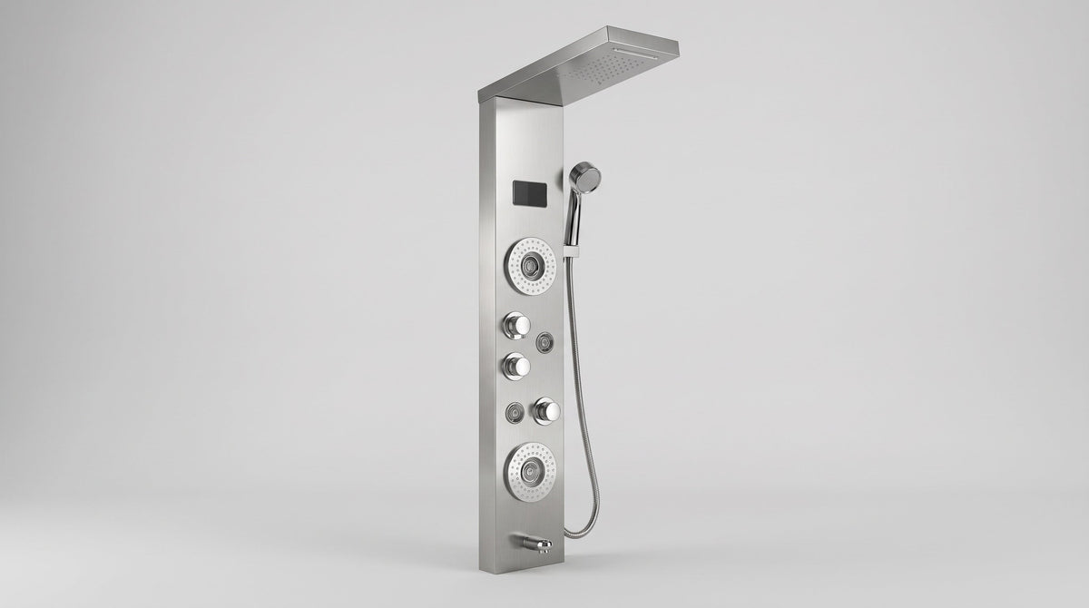 Colonne de douche hydromassante nickel sur fond blanc Image