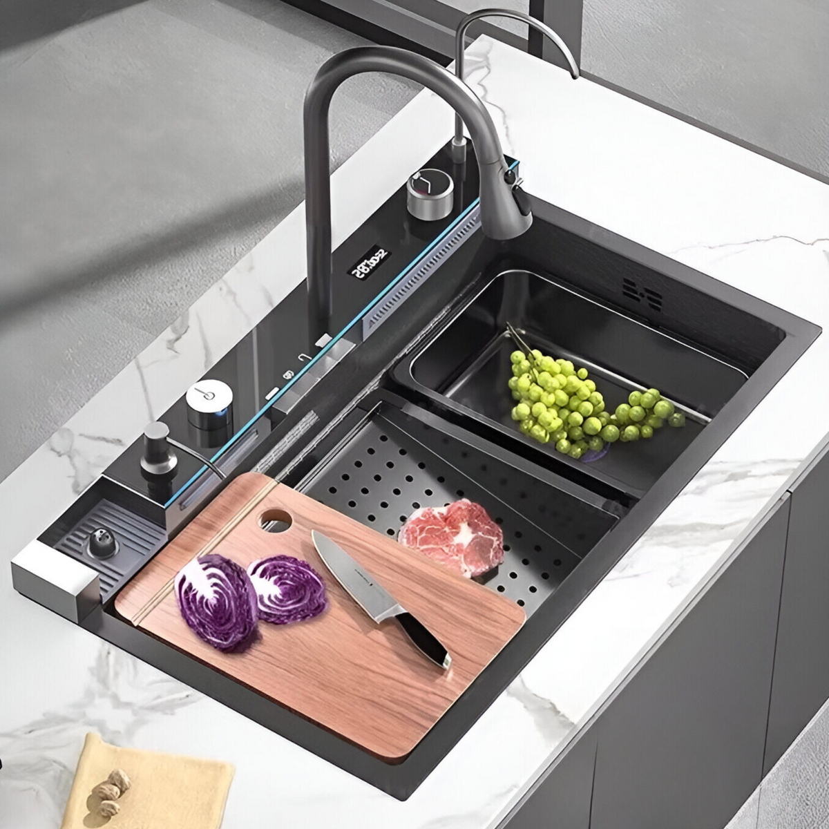 Évier de cuisine multifonction noir 1 bac 75 cm – Inox 304