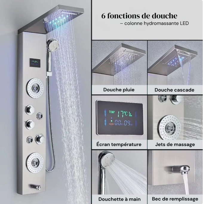 Colonne de Douche Hydromassante Nickel à Affichage Digital Hydro Design