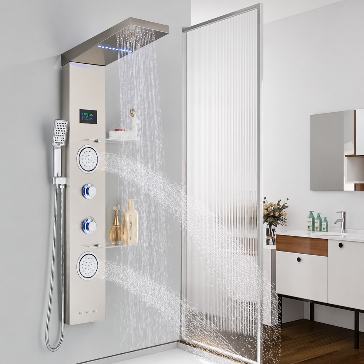 Colonne de Douche Hydromassante Nickel Brossé à Affichage Digital