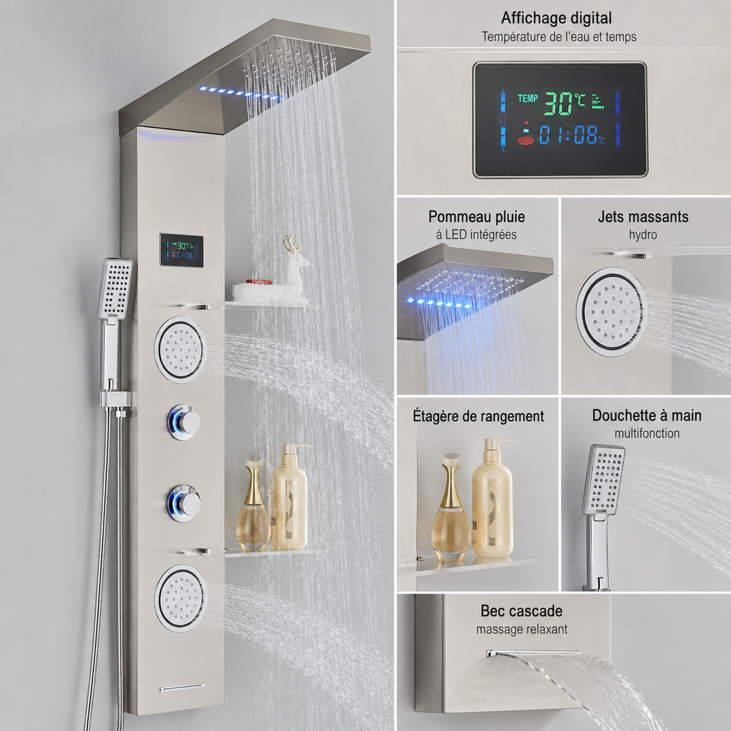 Colonne de Douche Hydromassante Nickel Brossé à Affichage Digital