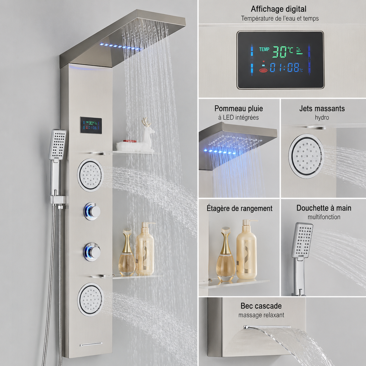Colonne de Douche Hydromassante Nickel Brossé à Affichage Digital