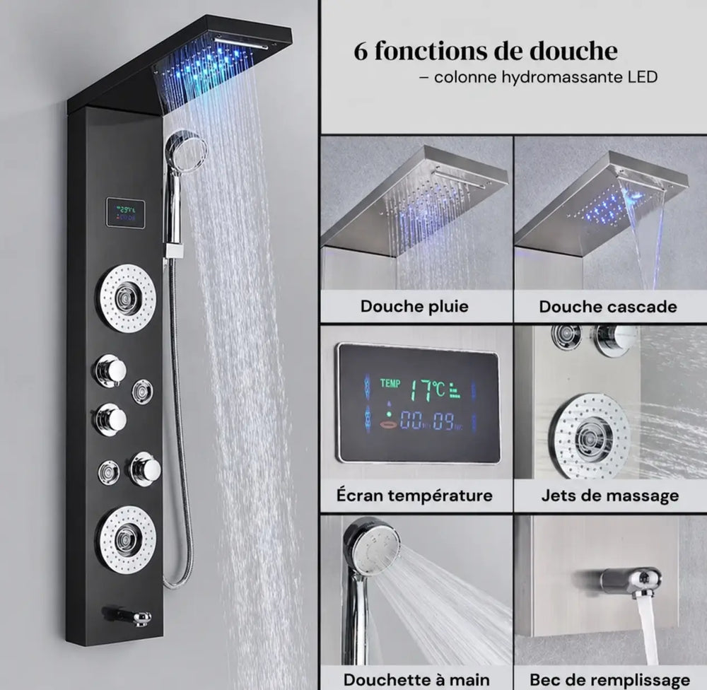 Colonne de Douche Hydromassante Noire à Affichage Digital Hydro Design