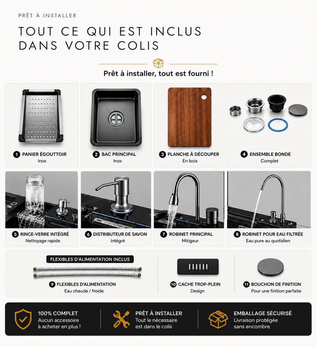 Évier de cuisine multifonction noir 1 bac 75 cm – Inox 304