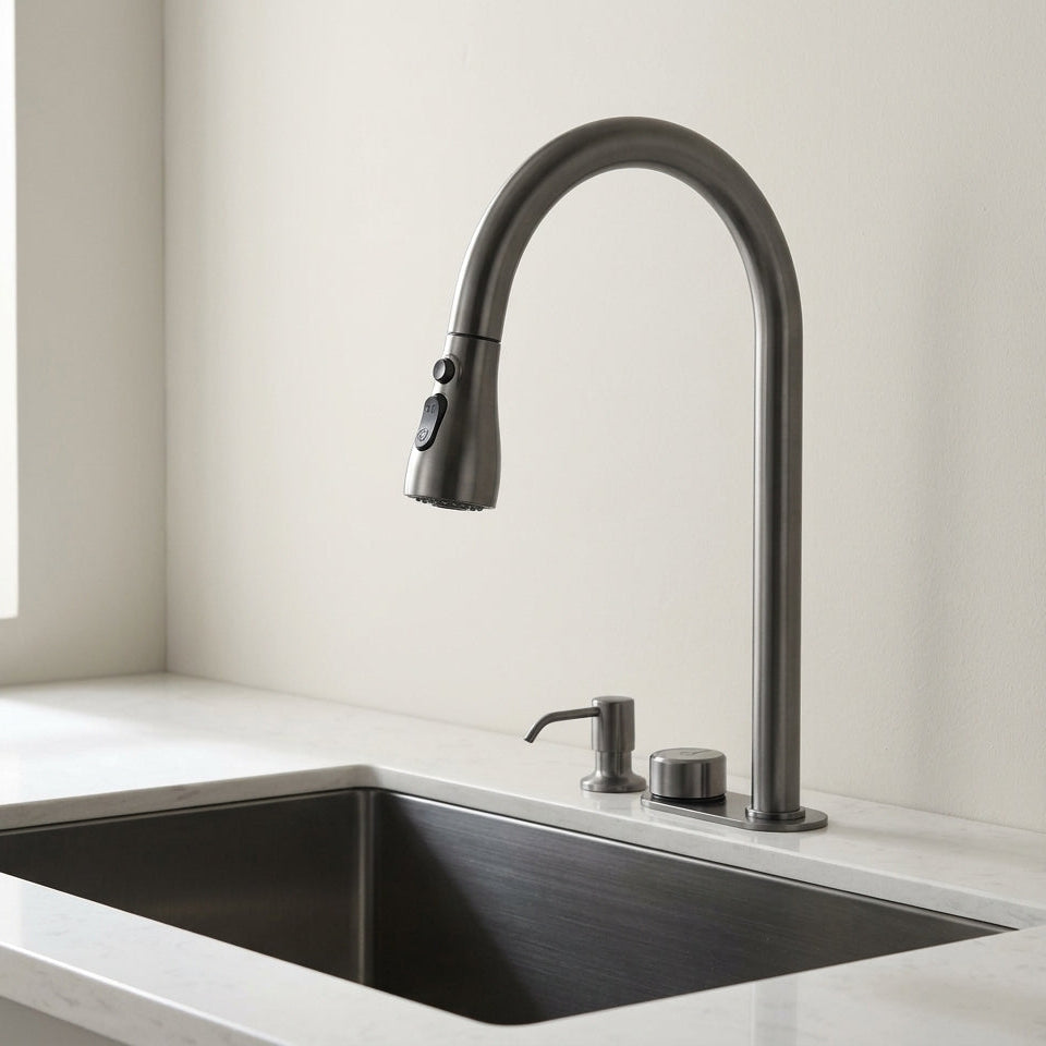 Robinet de Cuisine Col de Cygne Gris Brossé – Douchette Extractible