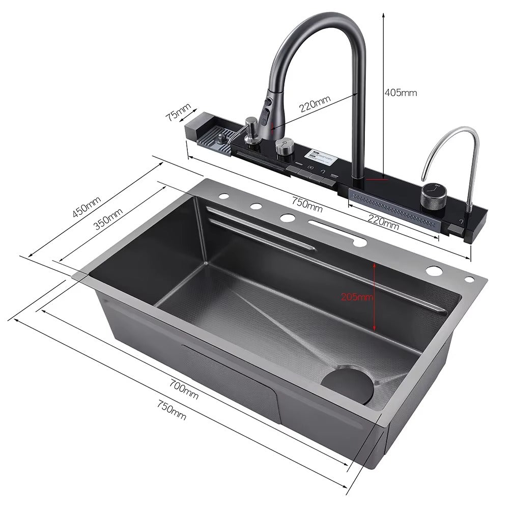 Évier de cuisine multifonction noir 1 bac 75 cm – Inox 304